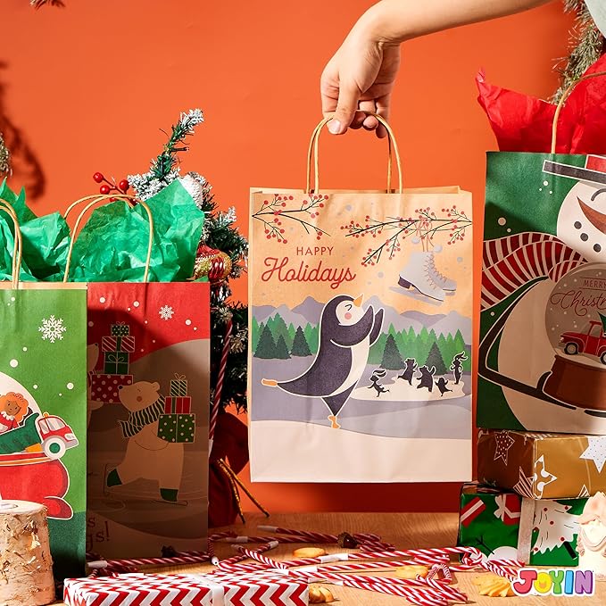 JOYIN 24 Pcs Christmas Kraft Gift Bags with Twine Handles, 10'' X 13'' X 5'' Large Xmas Goodie Goody Treat Bags for Holiday Present Wrapping, Christmas Decorations, Party Supplies Decor