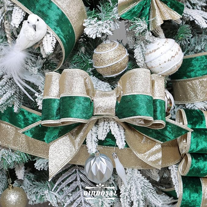 Dark Green Velvet Wired Christmas Ribbon 4 Inch Extra Wide Thick Green and Gold Glitter Holiday Ribbon – 10-Yards Roll for Tree Decorations, Gift Wrapping, Wreaths, and DIY Crafts