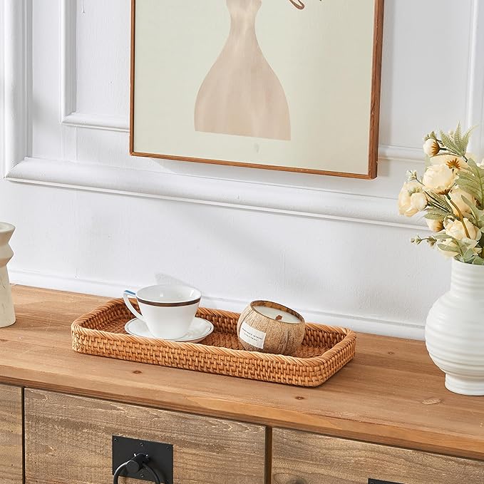 Rectangular Rattan Tray, Long Woven Tray Rectangle Tray, Flat Rattan Serving Tray for Breakfast, Drinks, Snacks(15.75''x6.69''x1.57'')