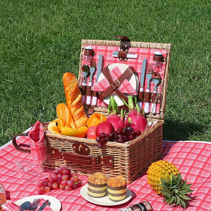 Picnic Baskets Wicker Willow Picnic Set for 4 Persons with Insulated Cooler Bag and Waterproof Picnic Blanket