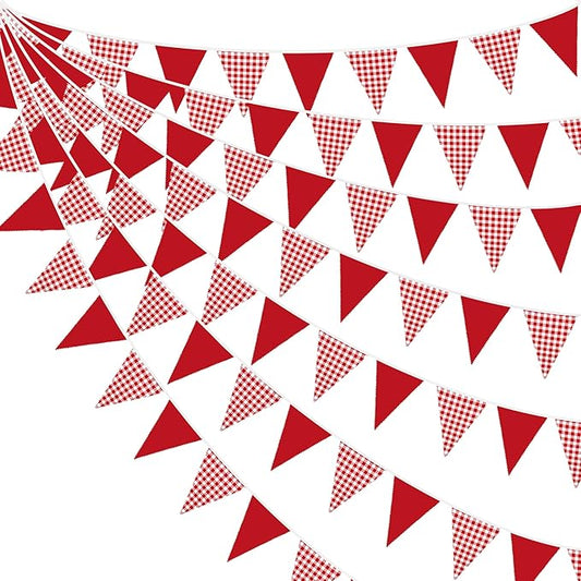 32Ft Red Gingham Party Decorations Red White Plaid Checkered Triangle Flag Pennant Fabric Garland for Birthday Baby Shower Carnival Picnic Pizza Hot Dog Farm Apple Italian Summer Party Supplies