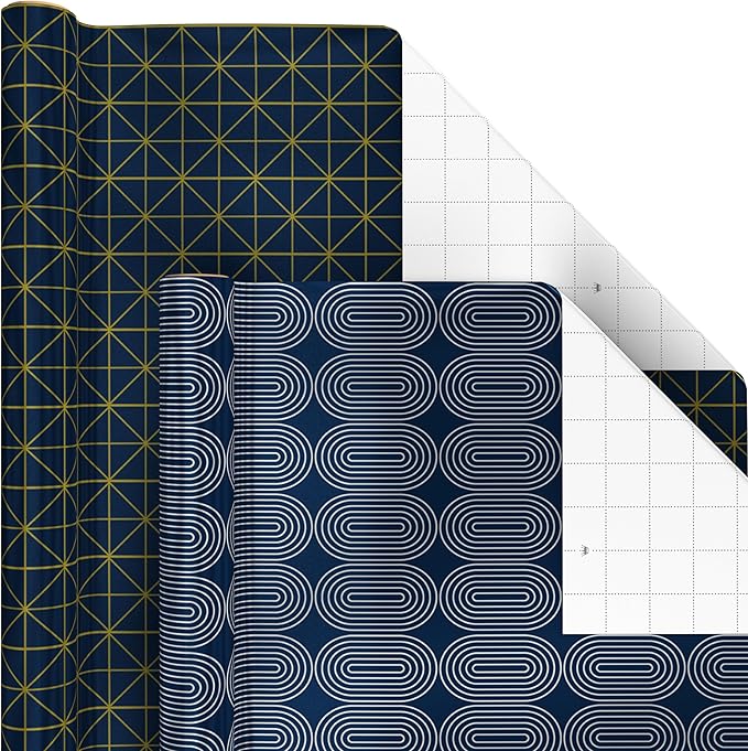 Hallmark Bulk Wrapping Paper Rolls for Birthday, Wedding, Graduation – Blue Metallic Gift Wrap Paper (Set of 6 Rolls: 180 Square Feet Total) Silver Stars, Gold Dots, Stripes, Navy