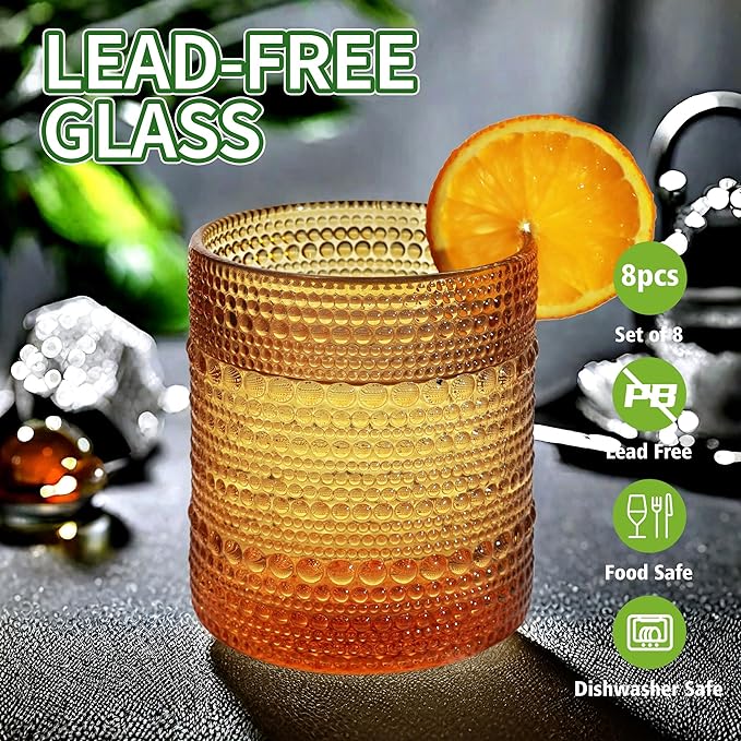 Vintage Hobnail Driinking Glasses Set, Glassware Drinking Set of 8, 12 oz Highball Glasses & 10 oz Cocktail Glasses, Tumbler Glasses for Cocktails, Whiskey, Juice, Milk
