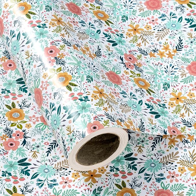 WRAPAHOLIC Floral Wrapping Paper Roll - Mini Roll - 17 Inch x 33 Feet - Spring Summer Garden Flower Design Perfect for Wedding, Bridal Shower, Birthday, Baby Shower