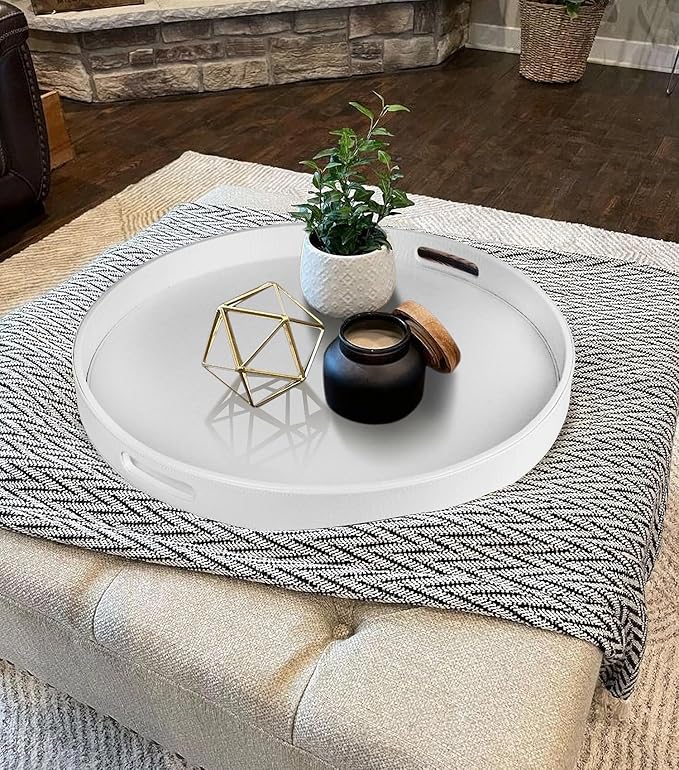 HofferRuffer Extra Large Round Serving Tray, Elegant Faux Leather Circle Ottoman Table Tray with Handles, Serve Tea, Coffee or Breakfast in Bed, Diameter 23.6 x 2.4 inches Height (White)