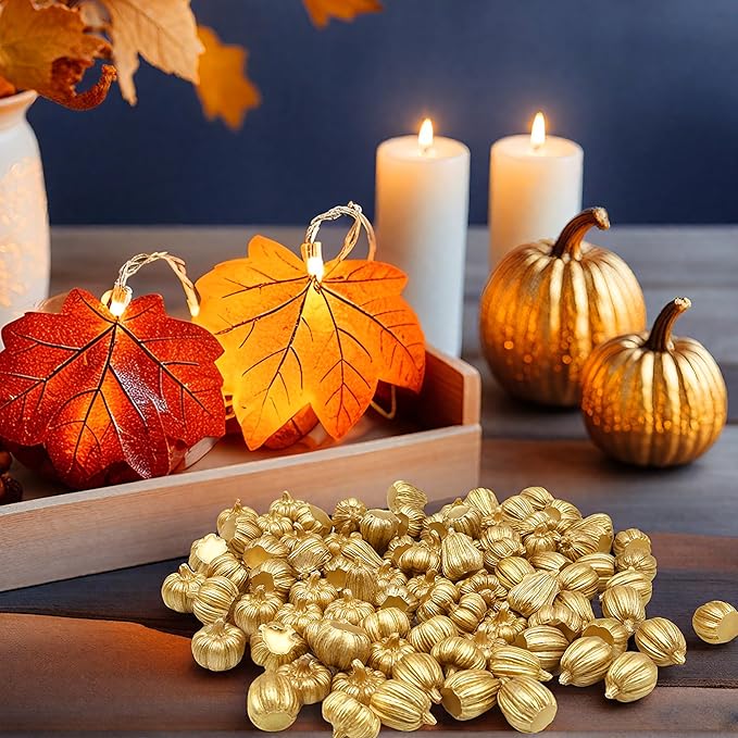 100Pcs Mini Pumpkins for Crafts, Small Pumpkin in Bulk, Gold Decorative Pumpkins, Artificial Tiny Resin Miniature Pumpkin for Decorating, Home Decor, Fall, Thanksgiving, Halloween