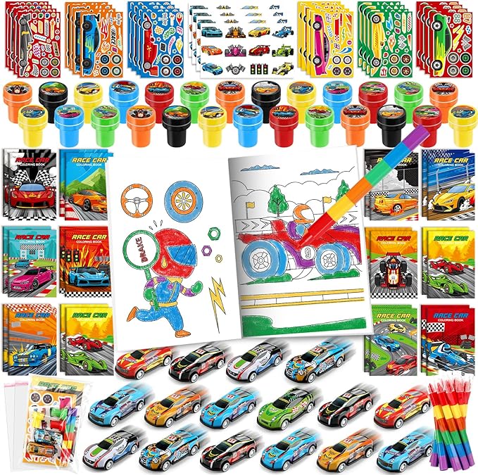BenLouis 168Pcs Race Car Party Favors Racing Theme Coloring Books Crayons Sticker Set Bulk for Kids Fast Racecar Wheels Birthday Goodie Bag Stuffer Classroom Gifts Rewards Craft Pinata Fillers