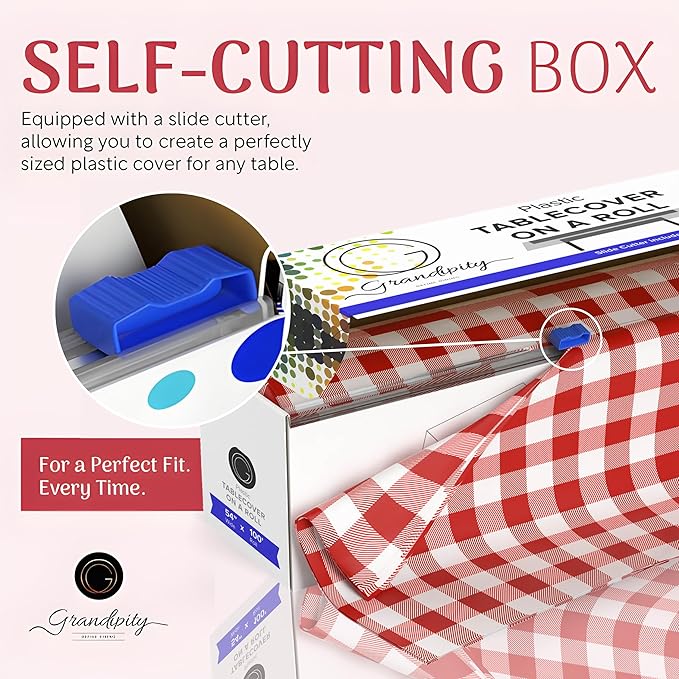 Grandipity Plastic Tablecloth Roll - 54in x 100 Ft. Red Gingham Checkered Plastic Table Cloths for Parties | Disposable with Cutter Box - Cut to Size Disposable Tablecloth for Rectangle & Round