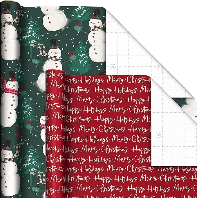 Hallmark Rustic Recyclable Christmas Wrapping Paper (6 Rolls: 180 Sq. Ft. Total) Red, White and Hunter Green Plaid, Poinsettias, Snowflakes, "Merry Christmas," Snowman, Santa
