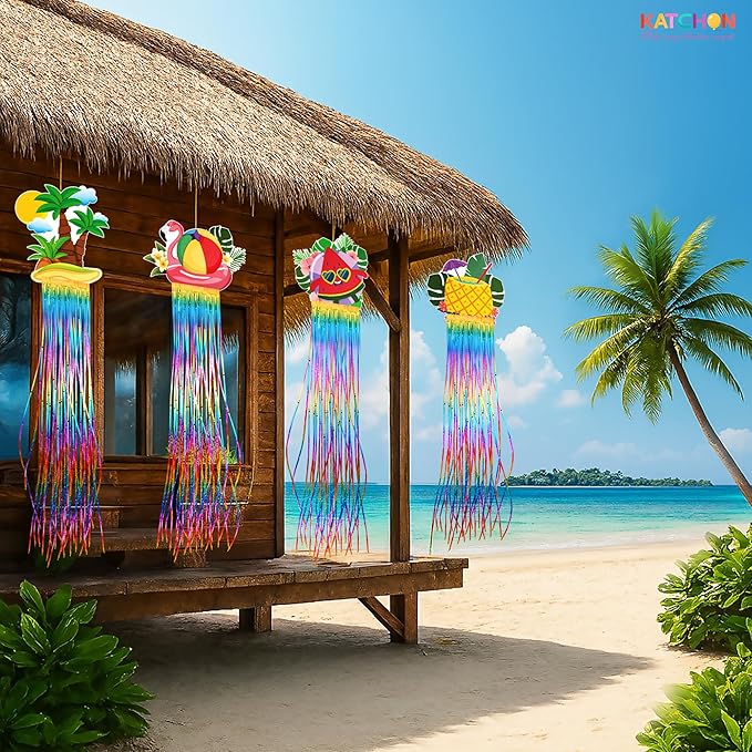 KatchOn, Colorful Tropical Fringe Hanging Decorations - Pack of 8 | Rainbow Streamers for Luau, Hawaiian, Topical Party Decorations | Summer Photo Booth Backdrop for Pool, Summer Party Decoration