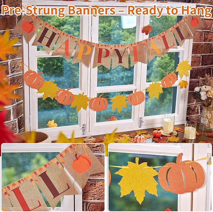Pre-Strung Happy Fall Burlap Banner, Pumpkin Banner, and 100 Pcs Maple Leaf Confetti for Autumn Fall Thanksgiving Home Decorations