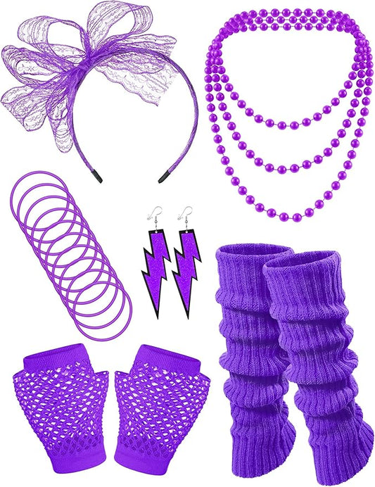 80S Fancy Dress Costume Accessories Headband Errings Fishnet Gloves Necklace Bracelt Leg Warmers Party Outfit Set