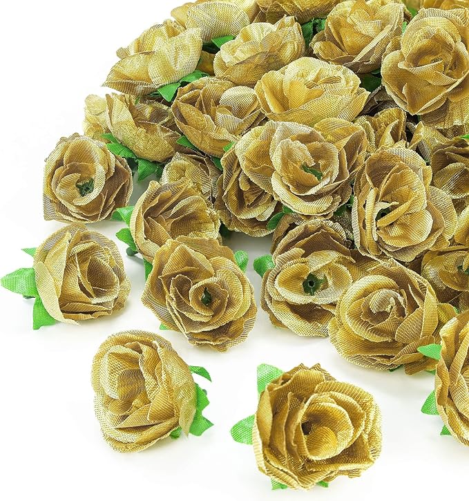 100pcs Gold Roses Heads Bulk Artficial Flowers for Decorations Small Fuax Roses Flowers Bulk DIY for Crafts Wall Wedding Decorations Gold Roses Flowers Set