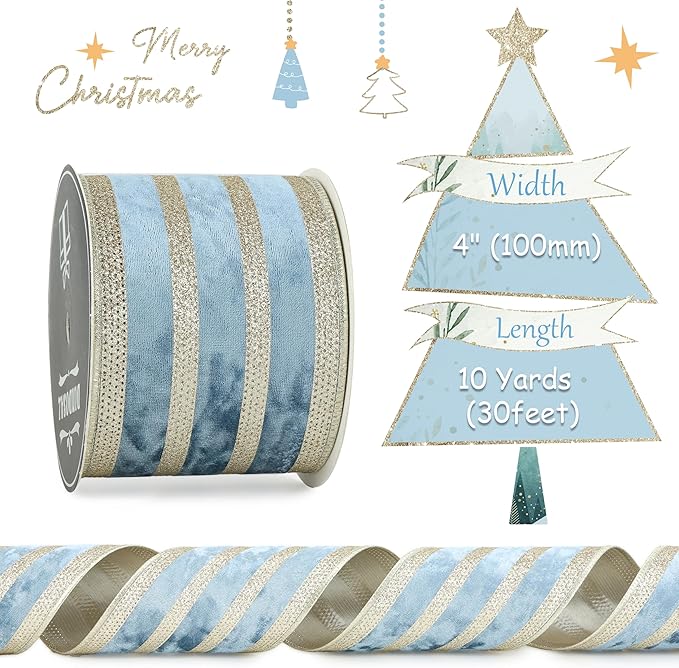 Dusty Blue Velvet Wired Ribbon with Champagne Glitter Stripe 4 Inch Extra Wide Crushed Velvet Christmas Ribbon, 10 Yards for Gift Wrapping, Crafts, Tree Decorations, Wreaths, Garlands