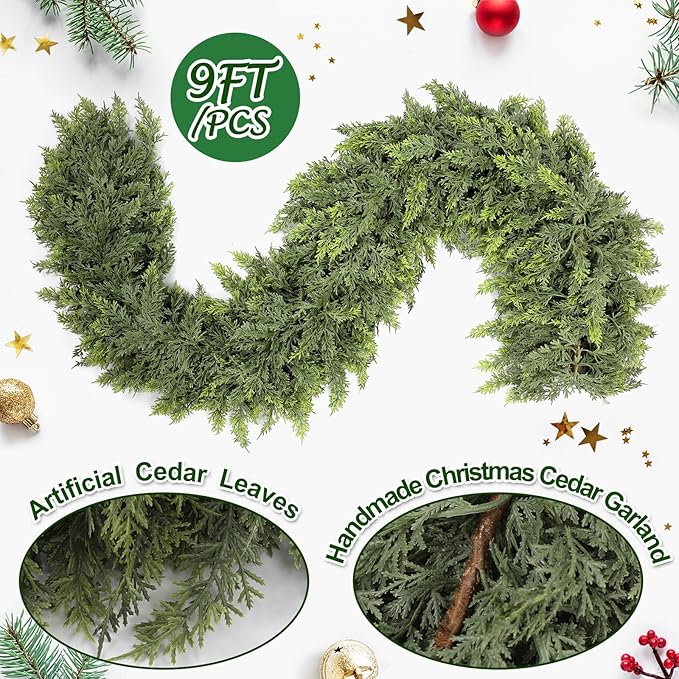 Waydress 2 Pcs 9ft Christmas Cedar Garland Artificial Realistic Soft and Thickness Green Faux Full Cedar Pine Garland for Fireplace Mantel Table Doorframe Indoor Outdoor Xmas Holiday Decoration