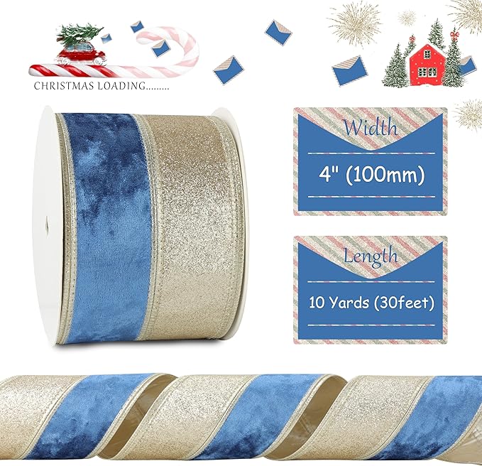 Navy Blue Velvet Wired Christmas Ribbon 4 Inch Extra Wide Thick Blue and Gold Glitter Holiday Ribbon – 10-Yards Roll for Tree Decorations, Gift Wrapping, Wreaths, and DIY Crafts