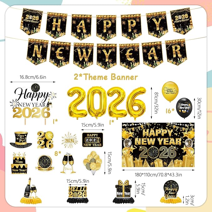 2026 New Years Decorations Party - 35 Pcs Gold Black 2026 Happy New Year Banners Foil Balloons Backdrop Hanging Swirls Honeycomb Centerpieces Cake Topper for New Years Eve Party Celebration Supplies