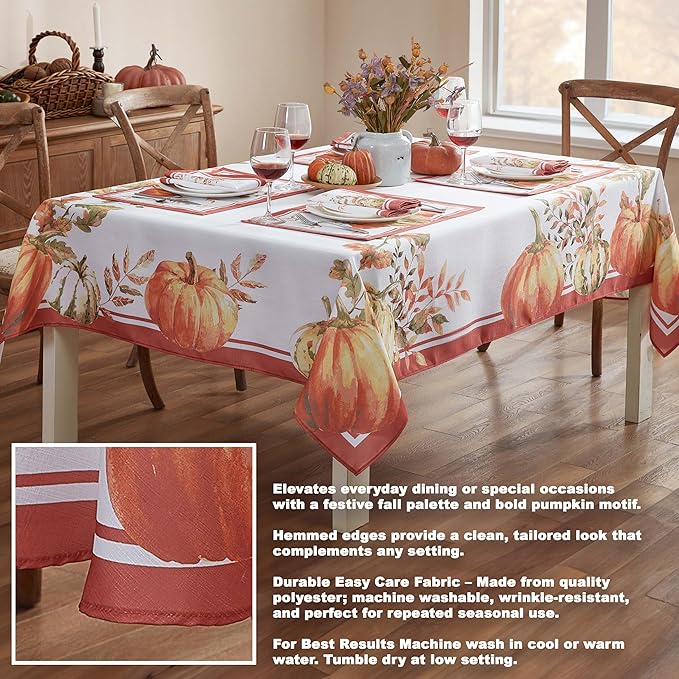 Home Bargains Plus Thanksgiving Contemporary Orange Pumpkin Tablecloth, 52 x 52 Inch Square, Fall Harvest Easy Care Fabric Table Cover