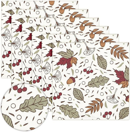 PurpleEssences Fall Harvest Thanksgiving Napkins 18x18 Inch, Set of 6-100% Cotton Autumn Leaves Print - Reusable, Washable Dinner Napkins for Home, Kitchen & Parties - Sienna Sage