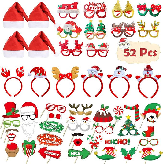 52 Pcs Christmas Photo Booth Props Kit, 20Pcs Glitter Eyeglasses Frame Hats Hairhoop and 32Pcs DIY Selfie Pose Signs for Xmas Party Decoration, Funny Christmas Holiday Party Favor Supplies for Adults