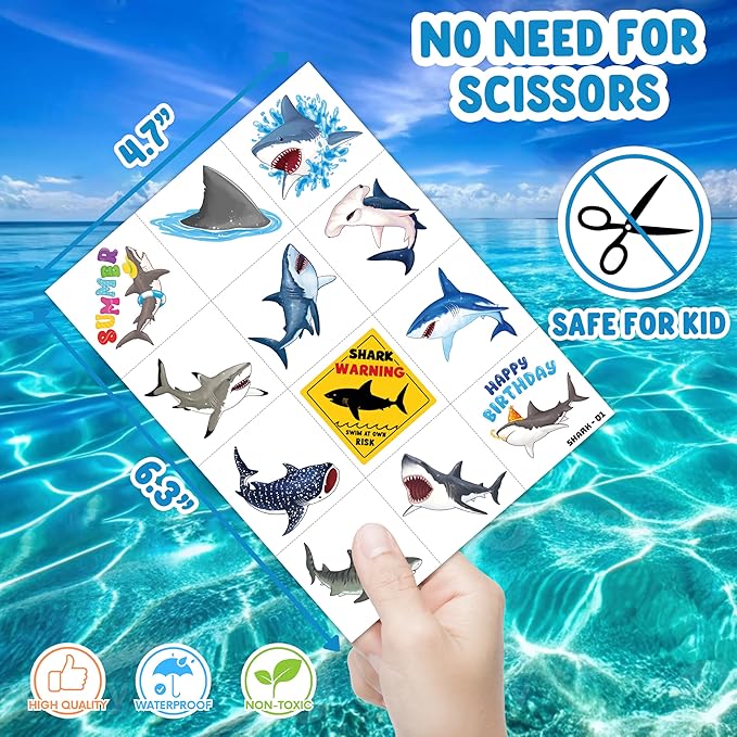 96 PCS Shark Pre-Cut Temporary Tattoos for Kids | Super Cute Shark Themed Birthday Party Favors, Supplies, Decorations, Cute Ocean Animal Tattoo Stickers, School Rewards Prizes & Gifts for Boys Girls