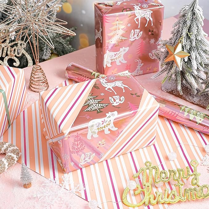 RUSPEPA Christmas Reversible Wrapping Paper Roll for Girls, Mini Roll, Rose Gold Foil Reindeer, Polar Bear, Tree, Floral Design, Pink White Stripes Gift Wrap for Holiday Gifts, 17 Inches x 32.8 Feet