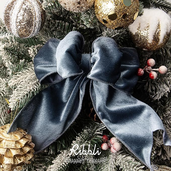Ribbli Dusty Blue Velvet Wired Ribbon 4 Inch Velvet with Satin Christmas Ribbon for Gift Wrapping Christmas Tree Decoration Crafts Wreaths Supplies-Continuous 10 Yards