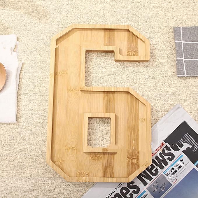 15.8'' Bamboo Charcuterie Fillable Board Box, Reusable Alphabet Number Shaped Form Tray for Birthday Anniversaries, Serving Tray for Birthday Party Decor Serving Plates Display Candy Cake (Number 6)