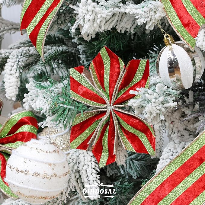 Red Velvet Wired Ribbon with Lime Green Glitter Stripe 2.5 Inch Crushed Velvet Christmas Ribbon, 10 Yards for Gift Wrapping, Crafts, Christmas Tree Decorations, Wreaths, Garlands