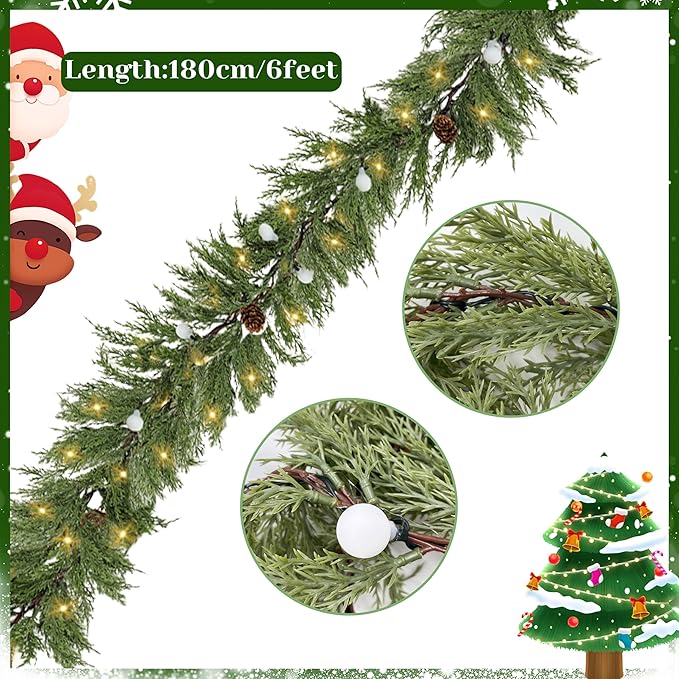 Prelit Pine Garland Realistic with Timer, 6FT Faux Christmas Garlands Battery Operated,Winter Garland for Xmas Holiday Outdoor Indoor