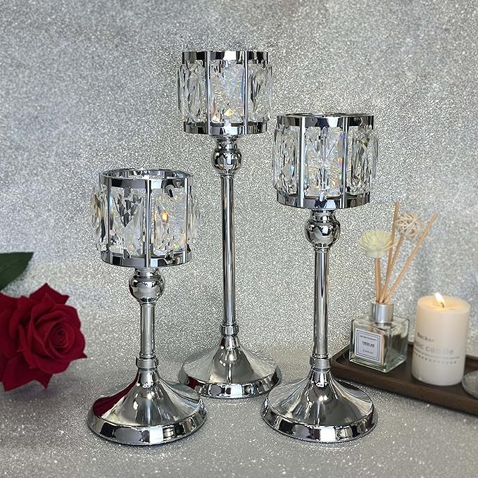 Set of 3 Cup Crystal Tealight Candle Holders, Centerpieces for Table Wedding Centerpieces Crystal Decorative Tealight Candle Dining Table Candle Holder Decor for Party (Set of 12 (3 Sizes), Silver)