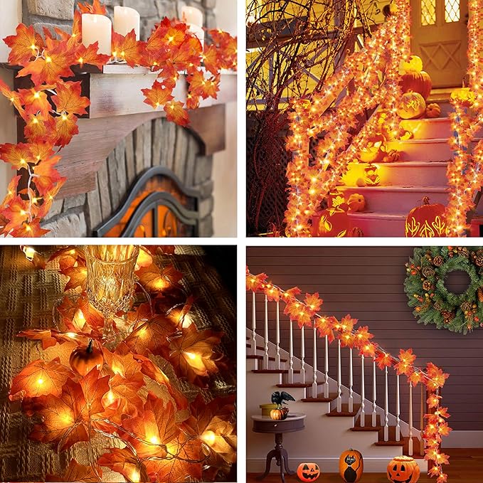 AKIT Maple Leaves Garland Fall Decor Outdoor String Lights Waterproof 45 LED String Lights with Timer, Fall Garland Leafs Lights Fall Decorations for Home Thanksgiving Decor Indoor