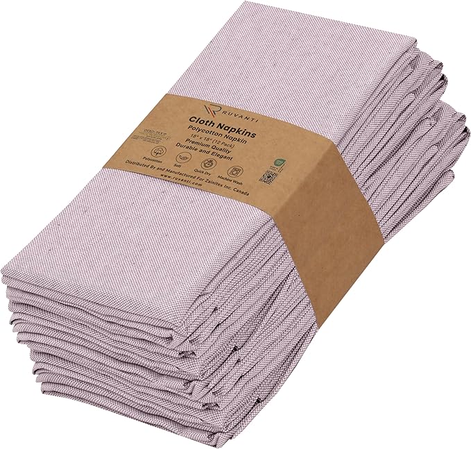Ruvanti Cloth Napkins Set of 12, 18x18 Reusable Napkins Cloth Washable, Soft & Durable Table Napkin, Poly Cotton Fabric Dinner Napkins for Parties, Christmas, Thanksgiving, Weddings - Mauve