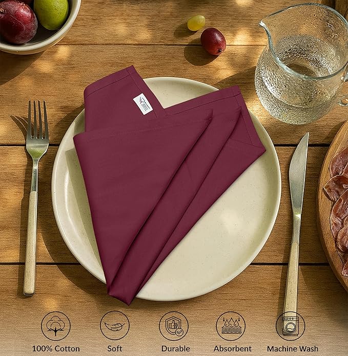 Ruvanti Premium Cloth Napkins Set of 12, 18x18 Inches, 100% Cotton, Washable, Soft & Absorbent, Perfect for Wedding, Christmas, Thanksgiving Dinners - Burgundy