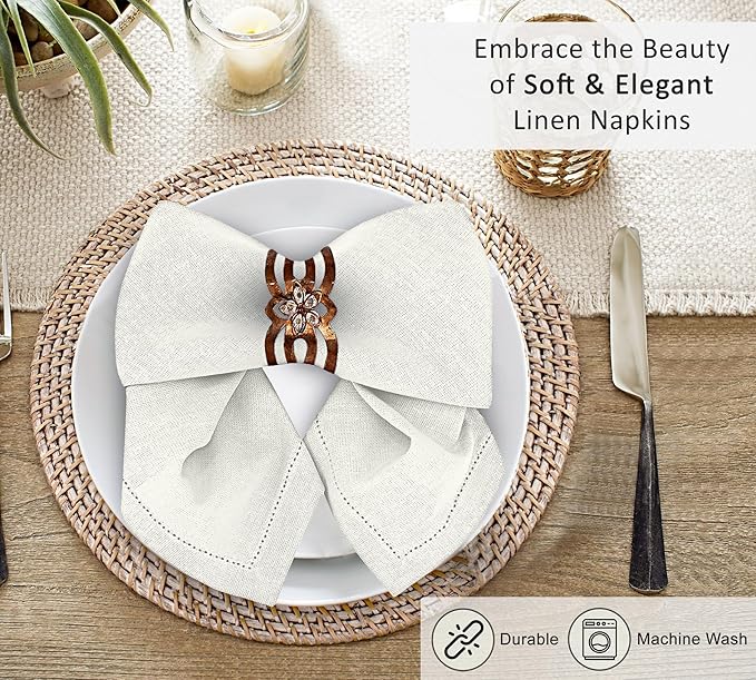 Ruvanti Premium Linen Napkins Set of 4-20x20 Inch, Classic Hemstitch, Mitered Corner Cloth Napkins ‎‎- Soft, Elegant Dinner Napkins Cloth Washable for Weddings, Parties, Everyday Use - Ivory