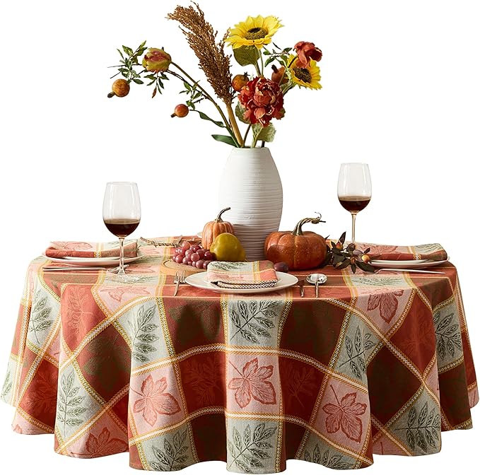 Newbridge Whispering Leaves Rust Orange and Green Plaid Thanksgiving Tablecloth, 70 Inch Round, Autumn Leaf Woven Fabric Table Cover, Fall Harvest Dining Decor