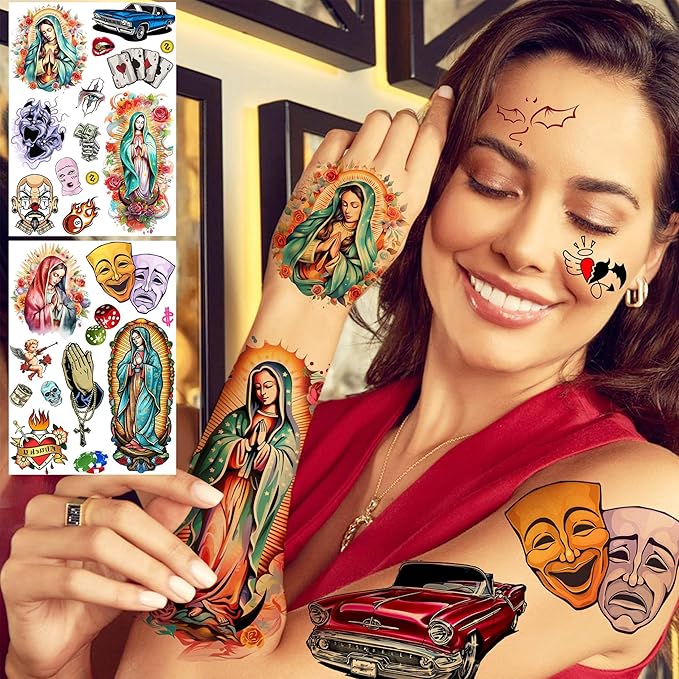 6 Sheets 3D Mexico Chicano Temporary Tattoos For Women Men Adults, Watercolor Guadalupe Tattoo Sticker, Prison Gangster Cholo Joker Chicana Halloween Tattoos Face, Tatuajes Temporales Autocolante