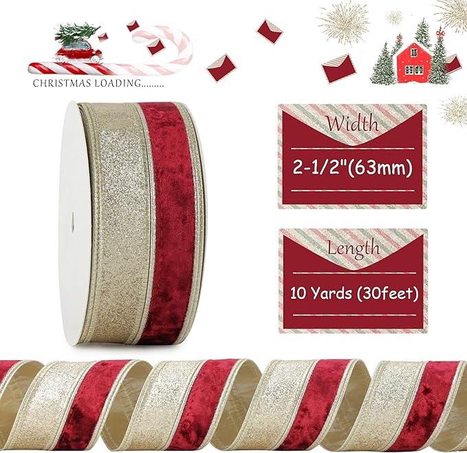 Burgundy Velvet Wired Christmas Ribbon 2.5 Inch Maroon and Gold Ribbon – 10-Yards Roll for Tree Decorations, Gift Wrapping, Wreaths, and DIY Crafts