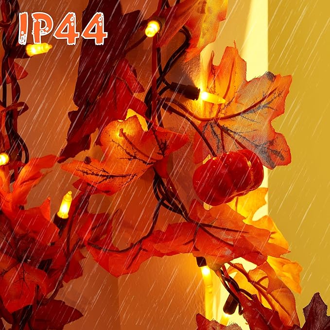 GAGALIFE Thanksgiving Decorations Fall Garland with Lights, 50 Warm Bulbs with Mini Pumpkins - 11FT Connectable Fall Lights Outdoor & Indoor, Realistic Maple Leaf String Lights for Fall Decor