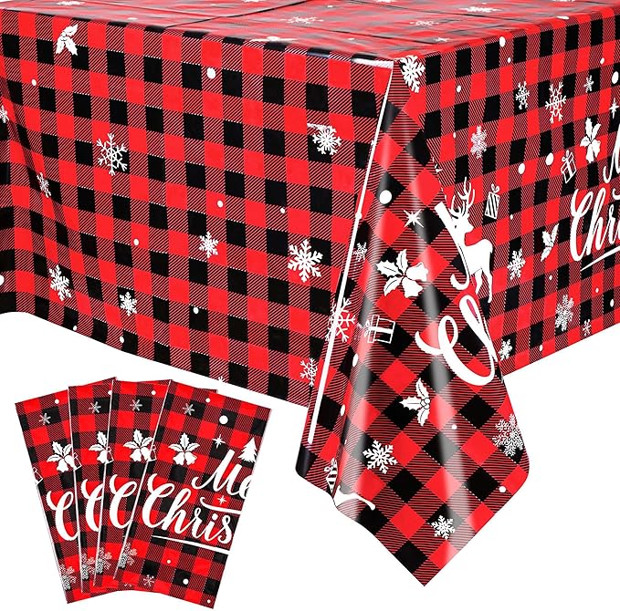 Mornajina 4 Pack 108 x 54 Inch Buffalo Plaid Plastic Tablecloths Rectangle Disposable Xmas Tablecloths Christmas Table Cover for Christmas Party Decoration