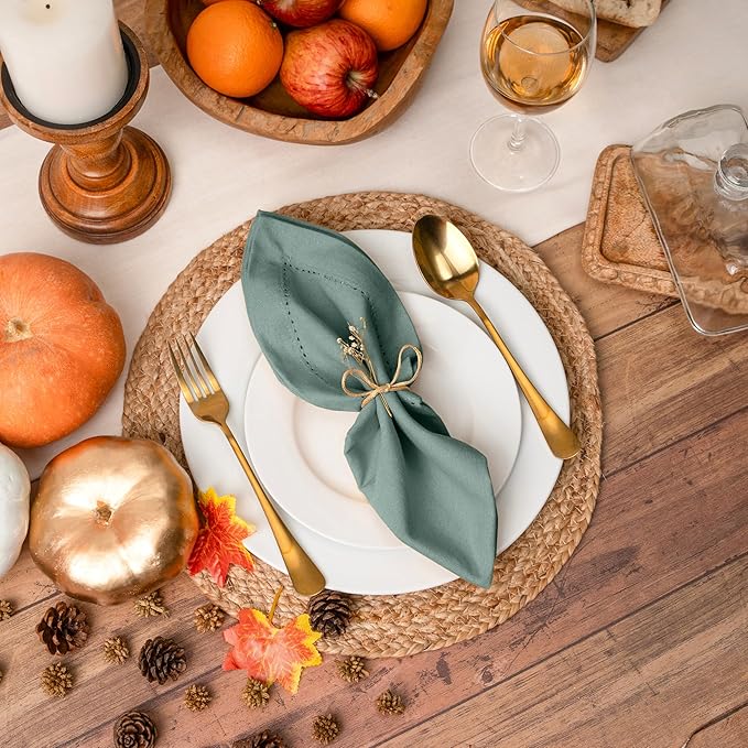 Blue Needles Set of 12 Hemstitch Linen Napkins 100% Cotton Hunter Green Cloth Dinner Napkins 18x18 inches, Soft, Reusable Absorbent Washable, Ideal for Fall Thanksgiving Events, Parties & Everyday Use
