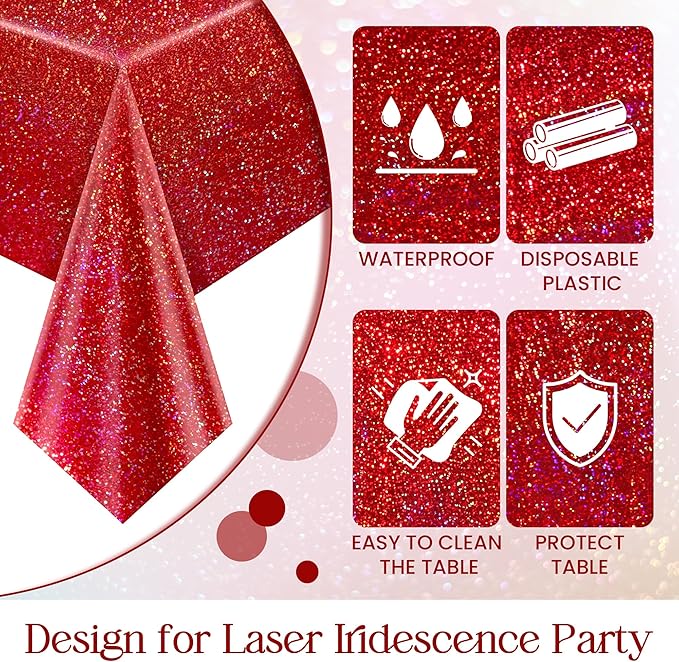 2 pcs Red Holographic Laser Tablecloths for Parties 40" x 108" Christmas Table Cloth Iridescence Shining Table Decoration For 4th July Graduation Patriotic Casino Night Theme Birthday Party Supplies