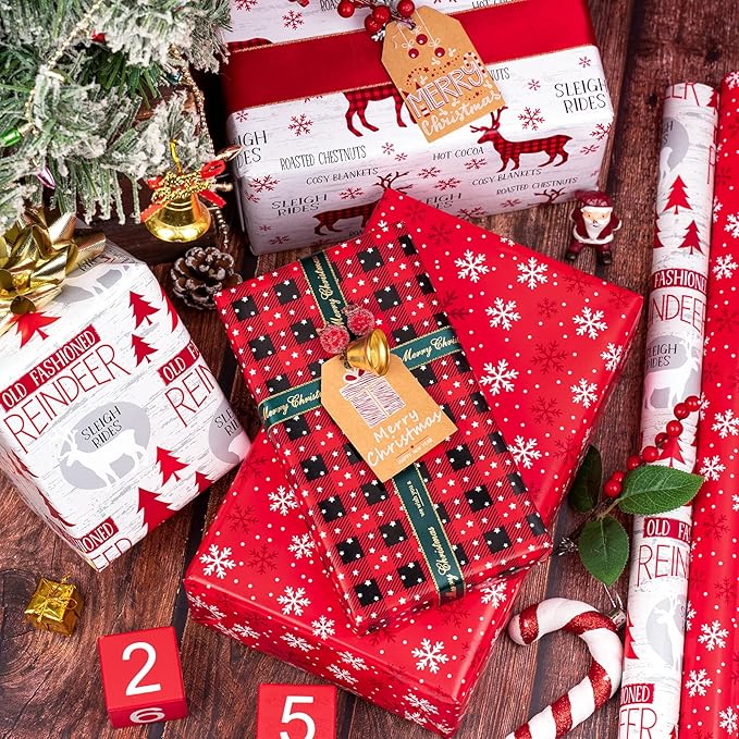 WRAPAHOLIC 30 Inch Christmas Wrapping Paper Roll - Jumbo Roll Rustic Holiday Woodland Scenes - Snowflake, Plaid, Reindeer - 4 Rolls - 30 Inch x 120 Inch Per Roll