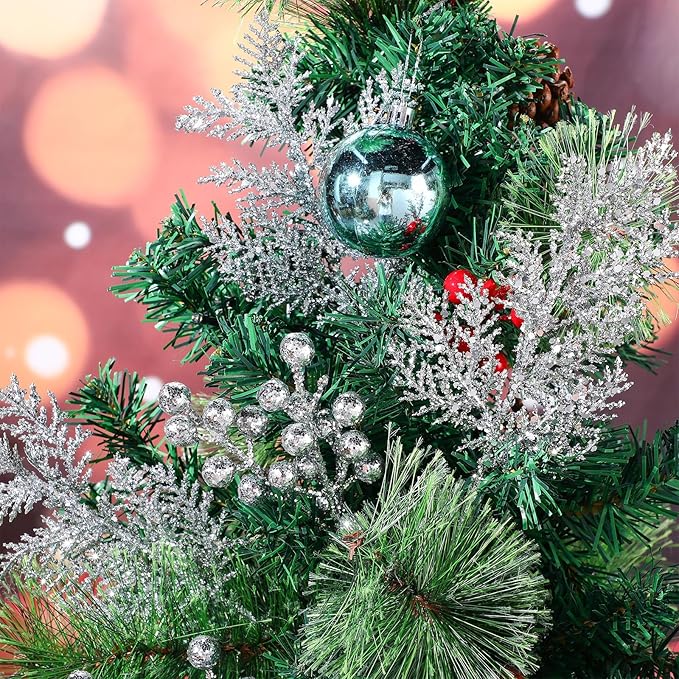 Sratte 94 Pcs Christmas Tree Decorations Set, Christmas Tree Ball Ornaments Glitter Poinsettia Flowers Decorations Glitter Berries Stems for Xmas Holiday Wedding(Blue, White, Silver)