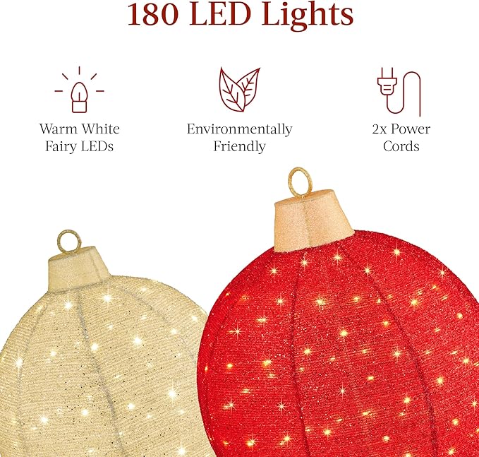 Best Choice Products 2pc Lighted Pop-Up Outdoor Christmas Ornament Set, Holiday Ball Decoration w/ 180 LED Lights, 8 Light Functions - Red/Gold