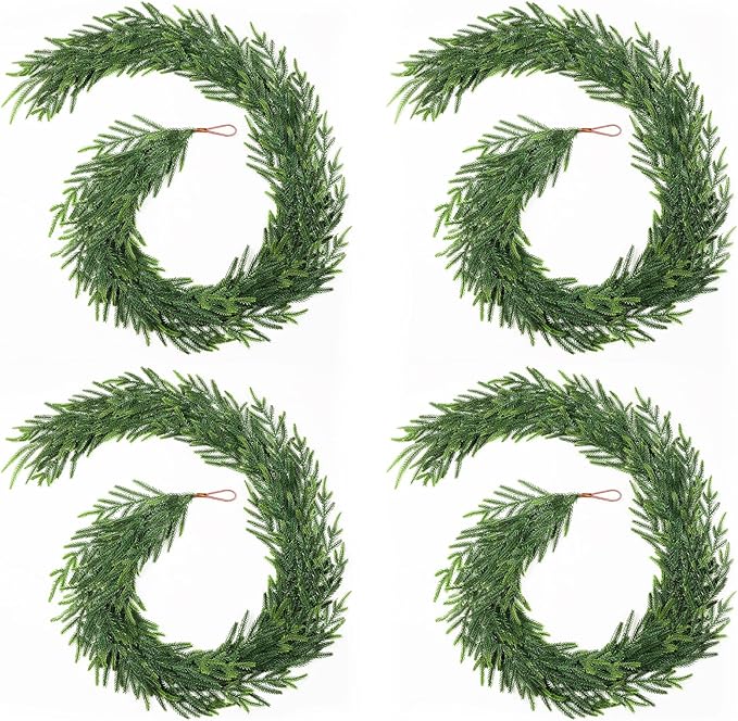 4Pcs Christmas Norfolk Pine Garland, 6FT Real Touch Faux Green Garlands, Winter Artificial Greenery Garland for Mantle, Table, Stairs, Fireplace, Indoor & Outdoor Xmas Decorations