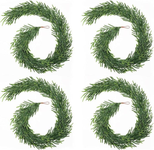 4Pcs Christmas Norfolk Pine Garland, 6FT Real Touch Faux Green Garlands, Winter Artificial Greenery Garland for Mantle, Table, Stairs, Fireplace, Indoor & Outdoor Xmas Decorations