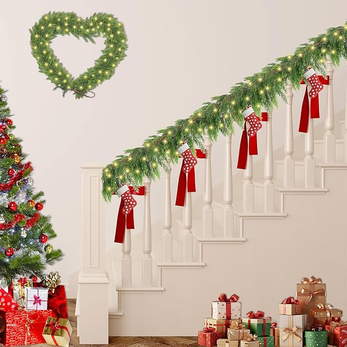 6FT Christmas Cedar Garland with Light, Lighted Real Touch Cedar Garland, Artificial Greenery Garlands for Table Fireplace Wall Stairs Door Xmas Decor