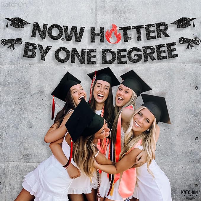 Katchon, Now Hotter By One Degree Banner-10 Feet | Congrats Grad Banner | One Degree Hotter Decorations | Graduation Backdrop |orange Graduation Decorations 2025 | Glitter Black graduation Banner