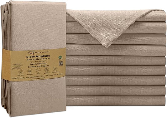 Ruvanti Premium Cloth Napkins Set of 12, 18x18 Inches, 100% Cotton, Washable, Soft & Absorbent, Perfect for Wedding, Christmas, Thanksgiving Dinners - Light Taupe